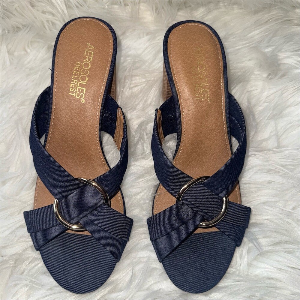 Aerosoles Heelrest Womens Slide Sandals‎ Blue Denim Block Heel Mules Open Toe